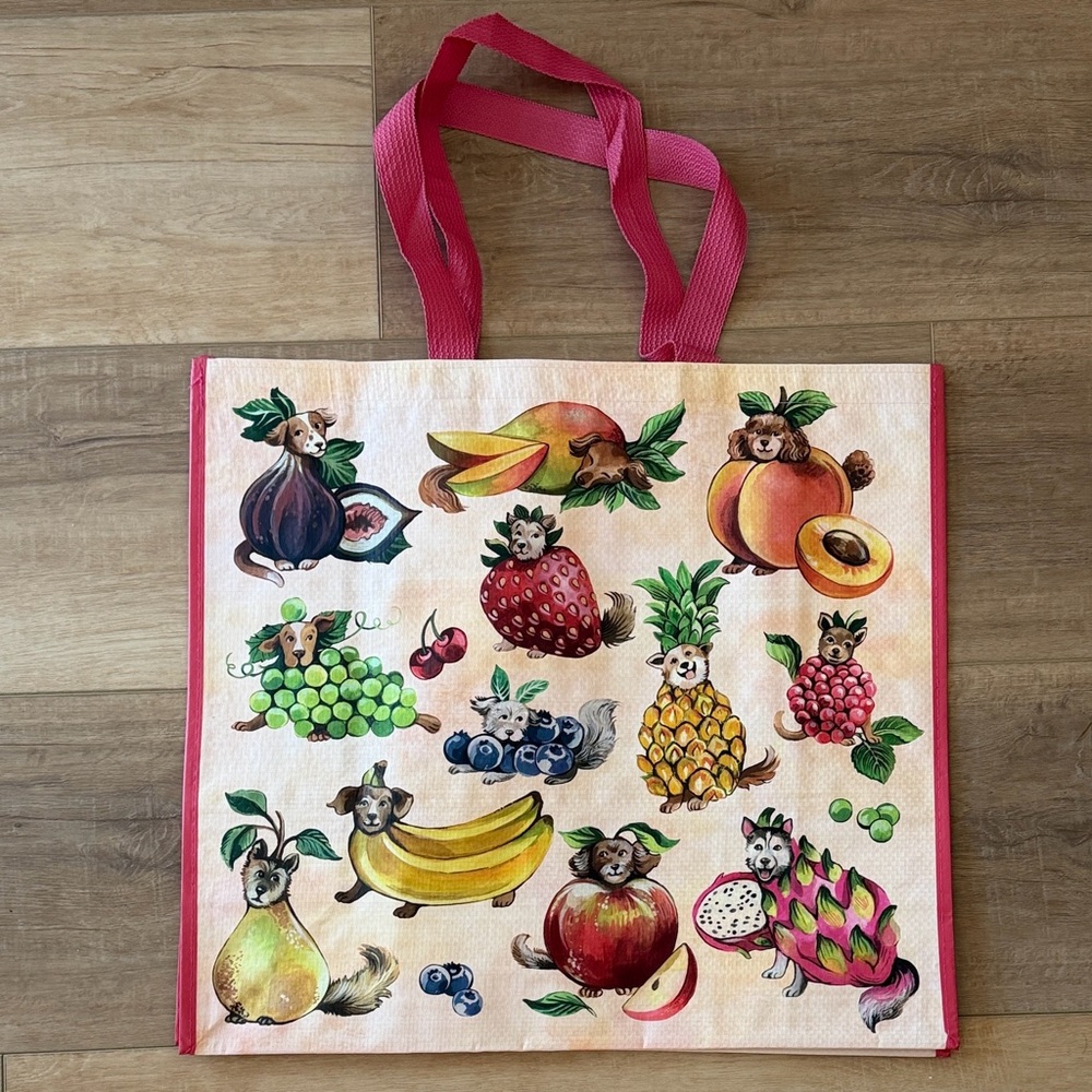 Dog fruit print reusable tote bag